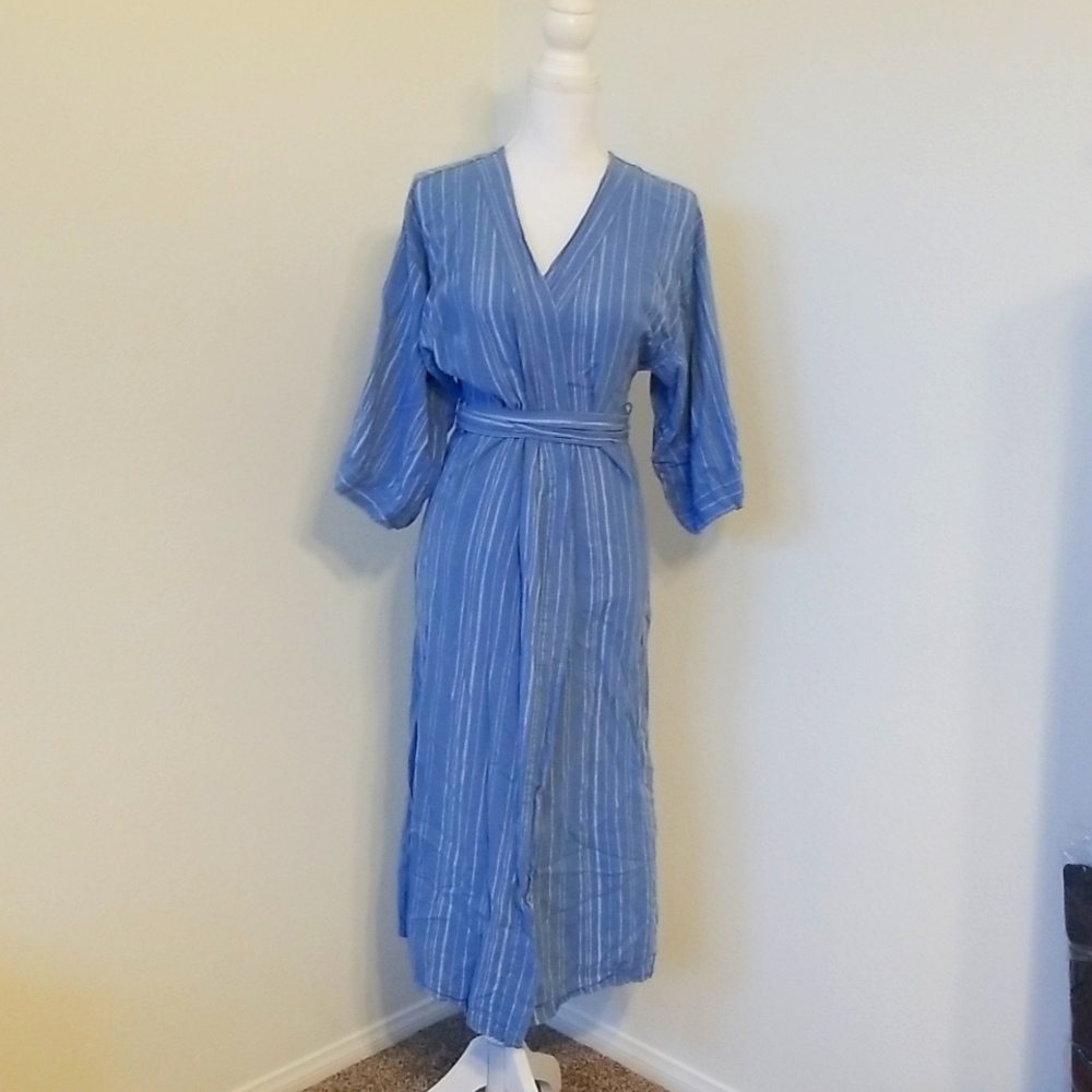 Nordstrom Sky Blue & White Striped Kimono Style Robe Dress, Short Sleeves Strap